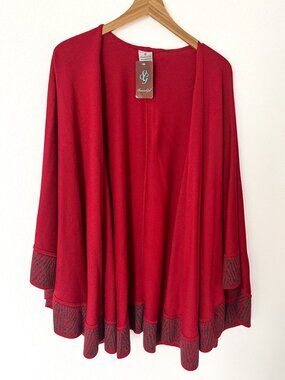 Shannie Girl Red Geometric Border Open Shawl Wrap One Size NWT